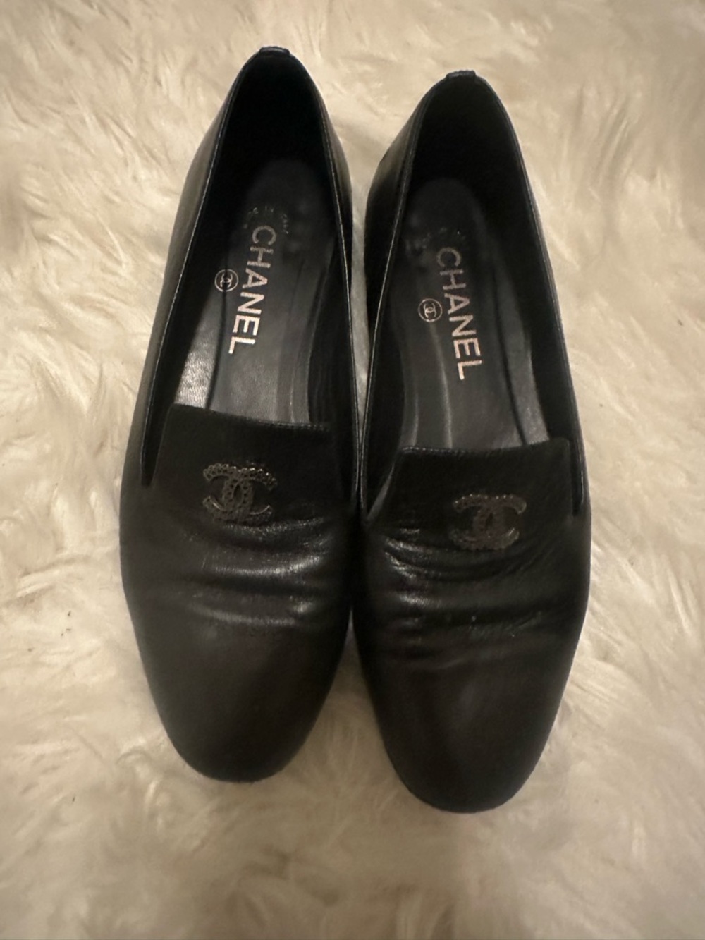 CHANEL Black Leather CC Logo Slip-On Loafers